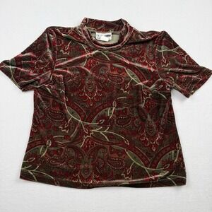 Leslie Fay Haberdashery Paisley Velvet Top Womens Large Short Sleeve Stretch